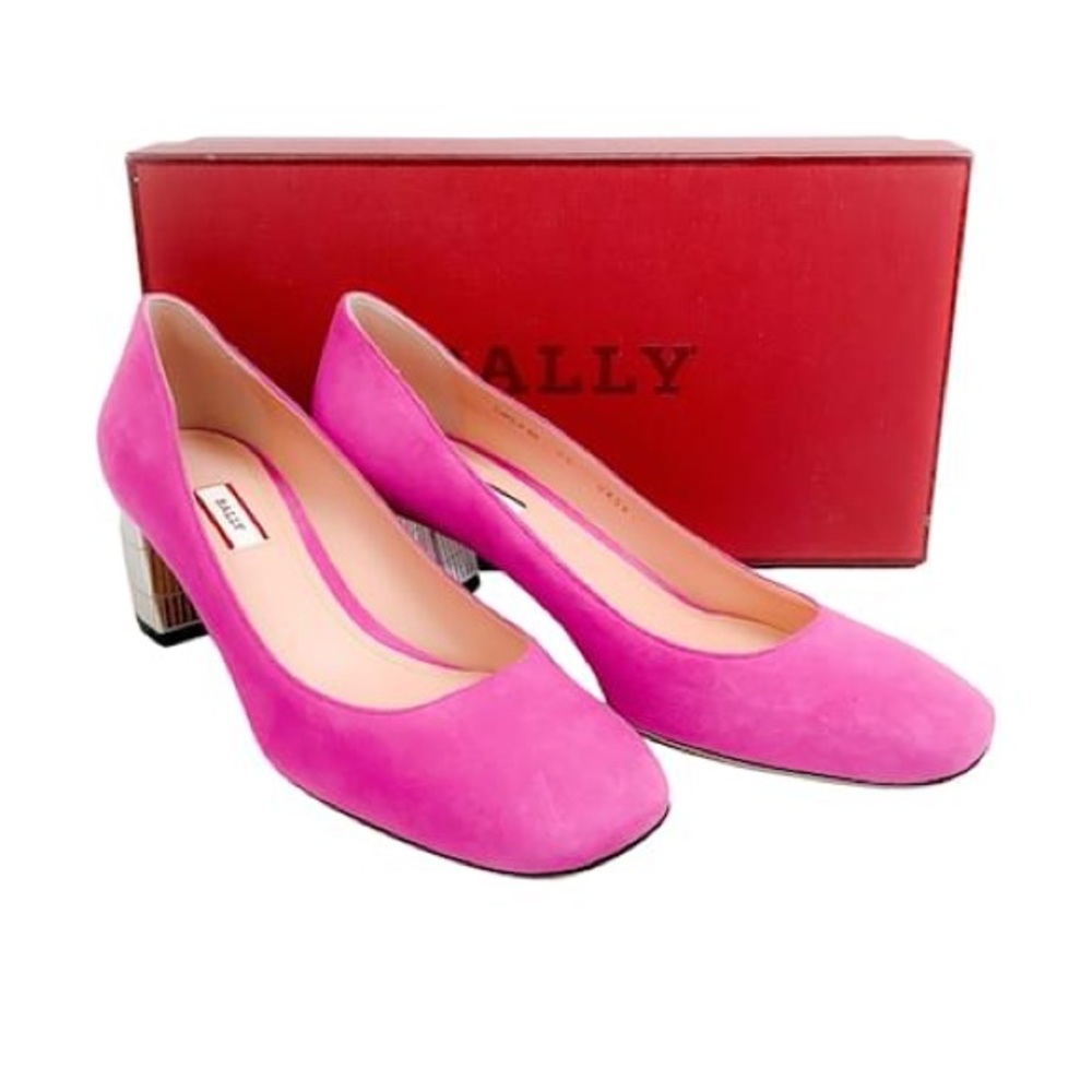 Bally Pink Suede Emily Pumps With Silver Block Heel